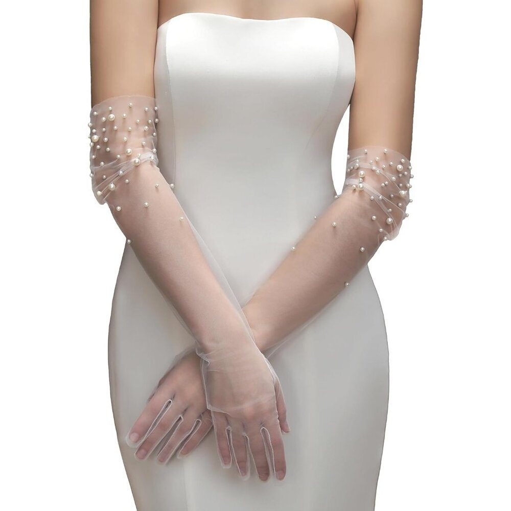 Women's Off-White Tulle Pearl Long Sleeves Gloves Bridal Party Prom Costumes